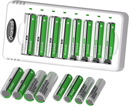 Rechargeable AA and AAA Batteries with Charger - 16 Pack of 2800mAh High Capacity Low Self-Discharge Ni-MH Batteries with Smart 8 Bay USB Fast Charging Charger