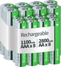 16 Sets AA AAA Rechargeable Batteries,High Capacity 8-Pack AA 2800mAh & 8-Pack AAA 1100mAh,1.2V NiMH Low Self Discharge
