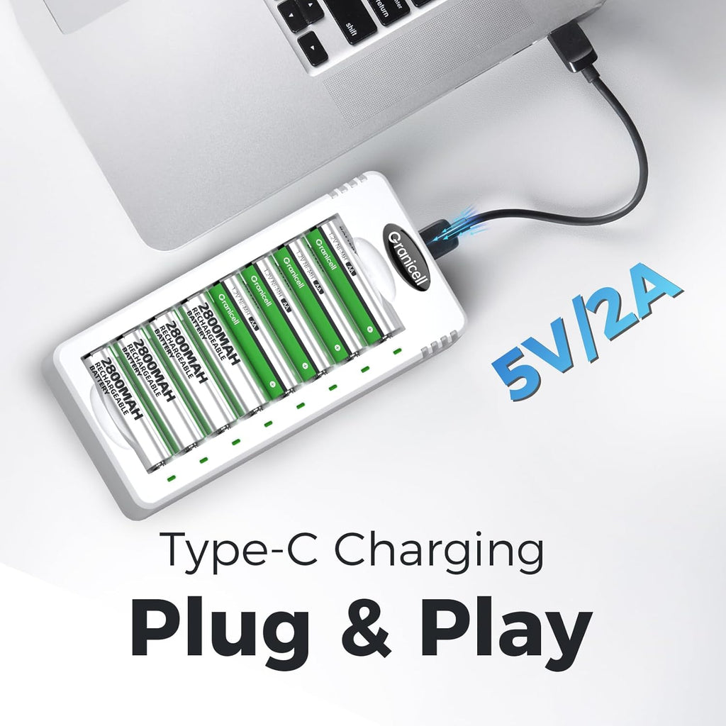 Rechargeable AA and AAA Batteries with Charger - 16 Pack of 2800mAh High Capacity Low Self-Discharge Ni-MH Batteries with Smart 8 Bay USB Fast Charging Charger